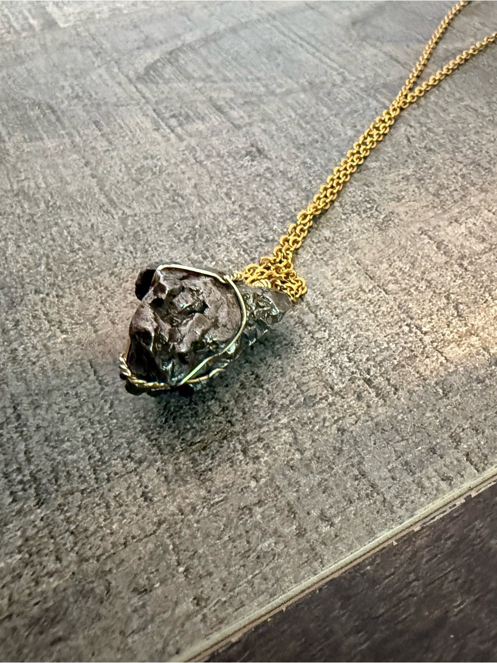 Gold-Tone Chain Necklace with Raw Dark Stone Pendant